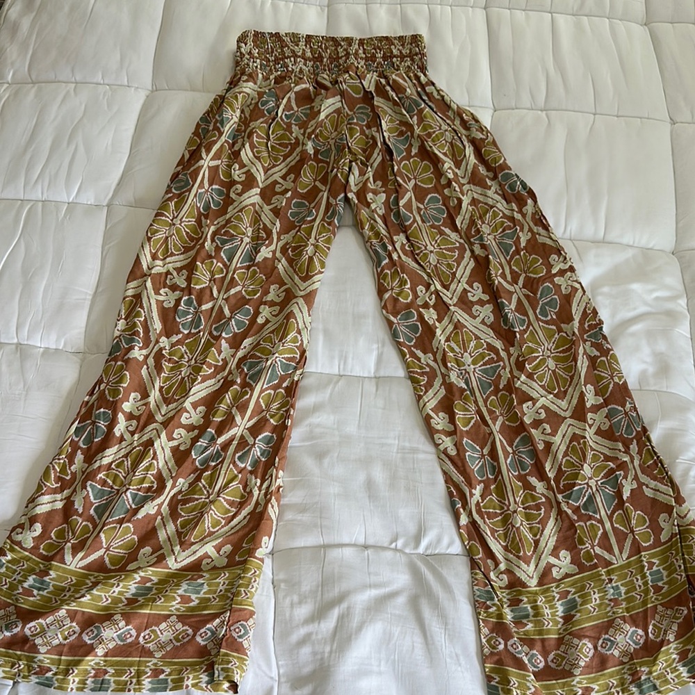 Tiare Hawaii Floral Wide Leg Pants - Brown and Green